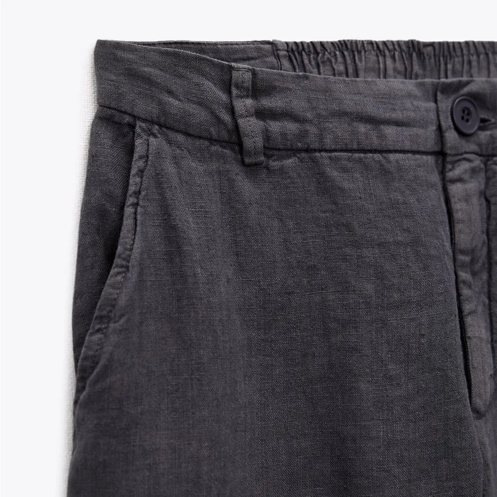 Zara 100% Linen Washed Grey Pants Flared